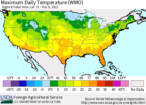 United States Maximum Daily Temperature (WMO) Thematic Map For 1/31/2022 - 2/6/2022