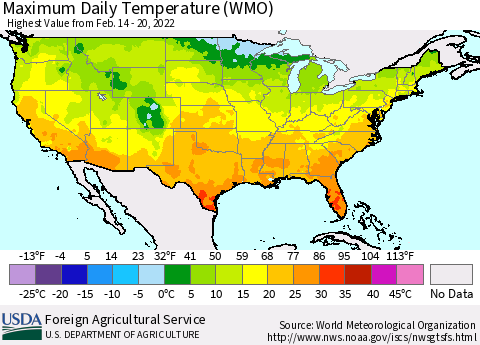 United States Maximum Daily Temperature (WMO) Thematic Map For 2/14/2022 - 2/20/2022