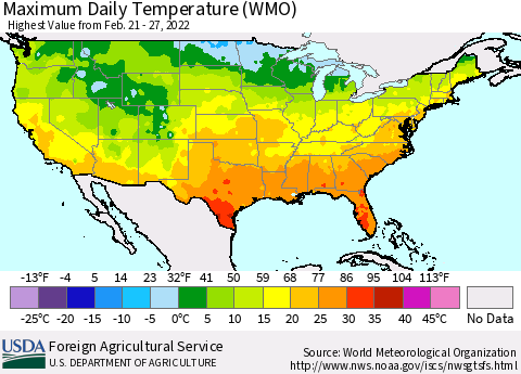 United States Maximum Daily Temperature (WMO) Thematic Map For 2/21/2022 - 2/27/2022
