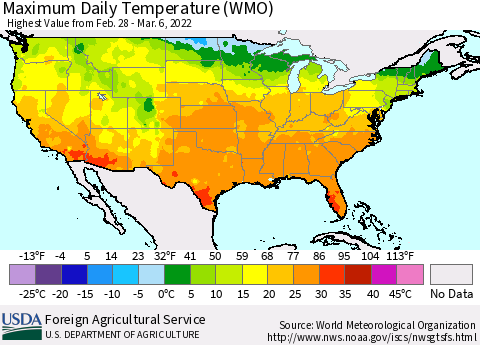 United States Maximum Daily Temperature (WMO) Thematic Map For 2/28/2022 - 3/6/2022