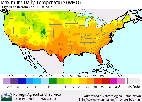 United States Maximum Daily Temperature (WMO) Thematic Map For 3/14/2022 - 3/20/2022