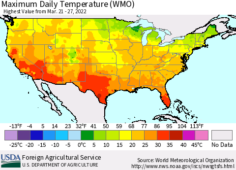 United States Maximum Daily Temperature (WMO) Thematic Map For 3/21/2022 - 3/27/2022