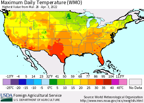 United States Maximum Daily Temperature (WMO) Thematic Map For 3/28/2022 - 4/3/2022