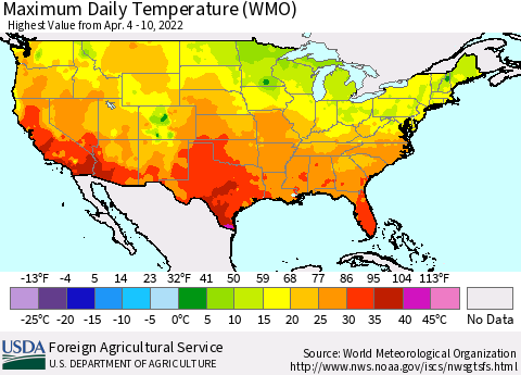United States Maximum Daily Temperature (WMO) Thematic Map For 4/4/2022 - 4/10/2022
