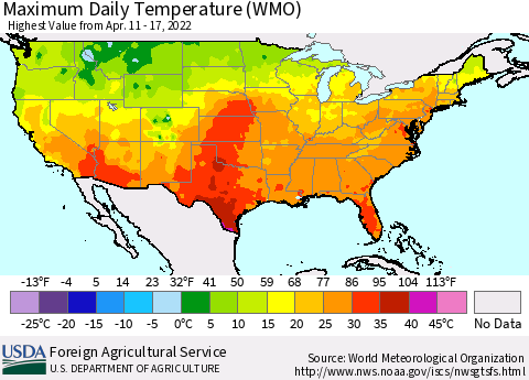 United States Maximum Daily Temperature (WMO) Thematic Map For 4/11/2022 - 4/17/2022