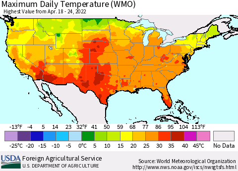 United States Maximum Daily Temperature (WMO) Thematic Map For 4/18/2022 - 4/24/2022
