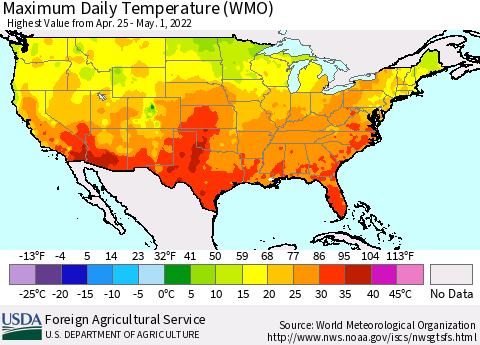 United States Maximum Daily Temperature (WMO) Thematic Map For 4/25/2022 - 5/1/2022