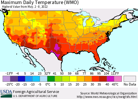 United States Maximum Daily Temperature (WMO) Thematic Map For 5/2/2022 - 5/8/2022