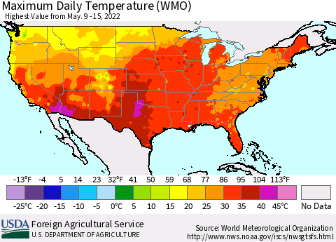United States Maximum Daily Temperature (WMO) Thematic Map For 5/9/2022 - 5/15/2022
