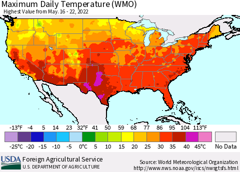 United States Extreme Maximum Temperature (WMO) Thematic Map For 5/16/2022 - 5/22/2022