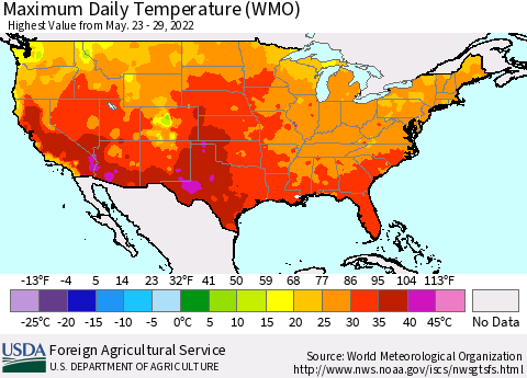 United States Maximum Daily Temperature (WMO) Thematic Map For 5/23/2022 - 5/29/2022