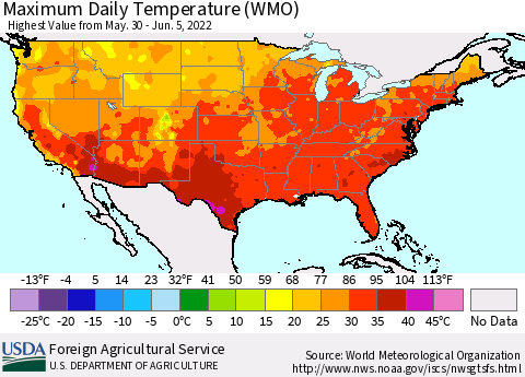 United States Maximum Daily Temperature (WMO) Thematic Map For 5/30/2022 - 6/5/2022