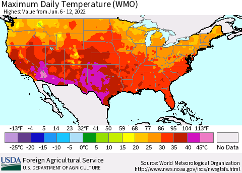 United States Maximum Daily Temperature (WMO) Thematic Map For 6/6/2022 - 6/12/2022