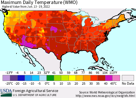 United States Maximum Daily Temperature (WMO) Thematic Map For 6/13/2022 - 6/19/2022