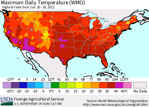 United States Extreme Maximum Temperature (WMO) Thematic Map For 6/20/2022 - 6/26/2022