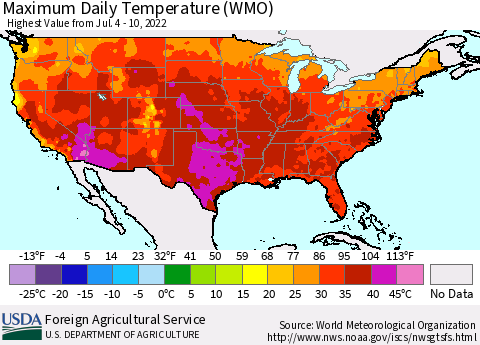 United States Maximum Daily Temperature (WMO) Thematic Map For 7/4/2022 - 7/10/2022