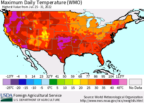 United States Maximum Daily Temperature (WMO) Thematic Map For 7/25/2022 - 7/31/2022