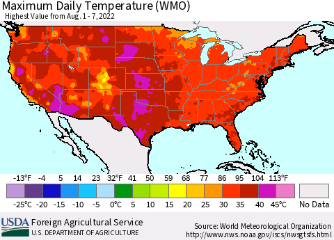 United States Maximum Daily Temperature (WMO) Thematic Map For 8/1/2022 - 8/7/2022