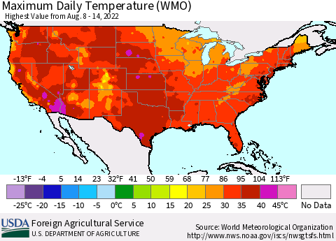 United States Maximum Daily Temperature (WMO) Thematic Map For 8/8/2022 - 8/14/2022