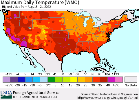 United States Maximum Daily Temperature (WMO) Thematic Map For 8/15/2022 - 8/21/2022