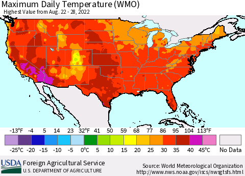 United States Maximum Daily Temperature (WMO) Thematic Map For 8/22/2022 - 8/28/2022