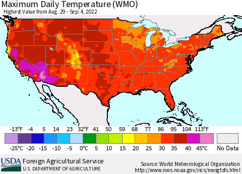 United States Maximum Daily Temperature (WMO) Thematic Map For 8/29/2022 - 9/4/2022