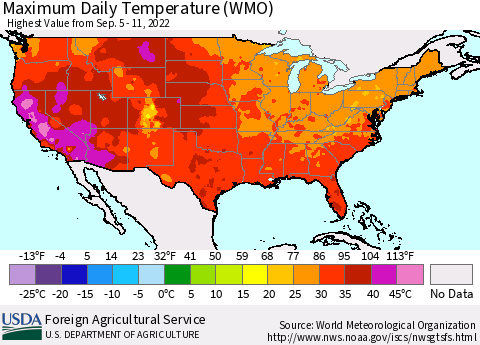 United States Maximum Daily Temperature (WMO) Thematic Map For 9/5/2022 - 9/11/2022