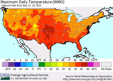 United States Maximum Daily Temperature (WMO) Thematic Map For 9/12/2022 - 9/18/2022