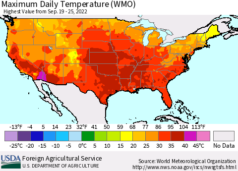 United States Maximum Daily Temperature (WMO) Thematic Map For 9/19/2022 - 9/25/2022