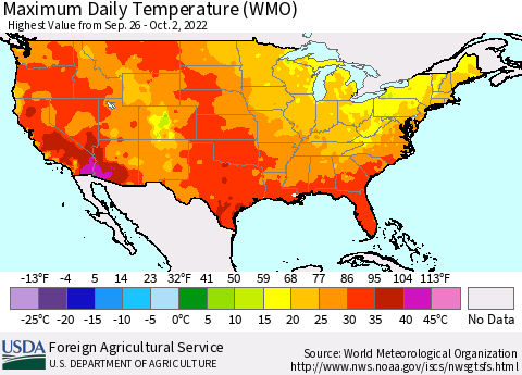 United States Maximum Daily Temperature (WMO) Thematic Map For 9/26/2022 - 10/2/2022