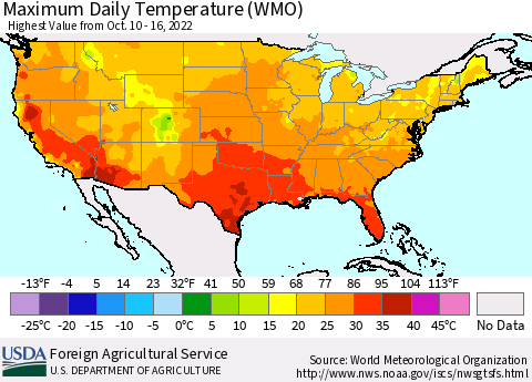 United States Maximum Daily Temperature (WMO) Thematic Map For 10/10/2022 - 10/16/2022