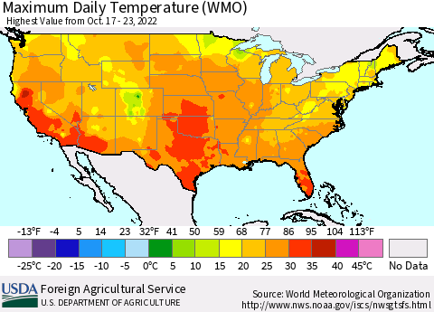 United States Maximum Daily Temperature (WMO) Thematic Map For 10/17/2022 - 10/23/2022