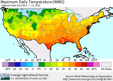 United States Maximum Daily Temperature (WMO) Thematic Map For 11/7/2022 - 11/13/2022