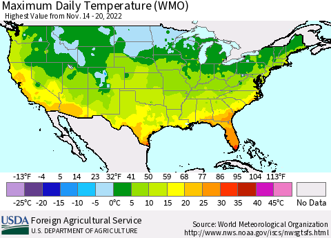 United States Maximum Daily Temperature (WMO) Thematic Map For 11/14/2022 - 11/20/2022