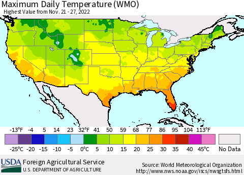 United States Maximum Daily Temperature (WMO) Thematic Map For 11/21/2022 - 11/27/2022