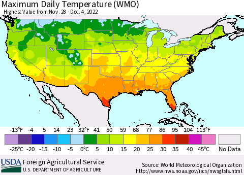 United States Maximum Daily Temperature (WMO) Thematic Map For 11/28/2022 - 12/4/2022
