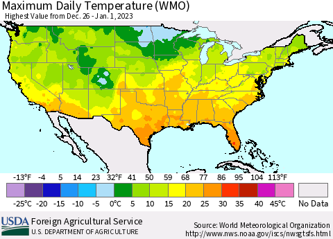 United States Maximum Daily Temperature (WMO) Thematic Map For 12/26/2022 - 1/1/2023