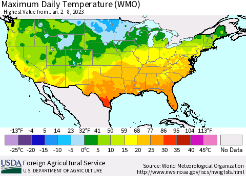 United States Maximum Daily Temperature (WMO) Thematic Map For 1/2/2023 - 1/8/2023