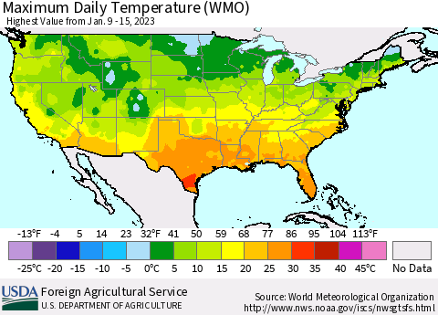United States Maximum Daily Temperature (WMO) Thematic Map For 1/9/2023 - 1/15/2023