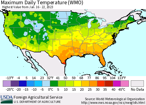 United States Maximum Daily Temperature (WMO) Thematic Map For 1/16/2023 - 1/22/2023