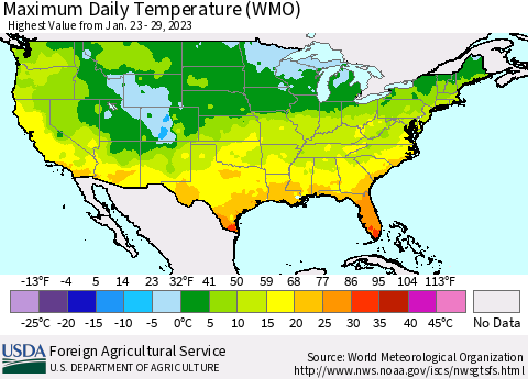 United States Maximum Daily Temperature (WMO) Thematic Map For 1/23/2023 - 1/29/2023