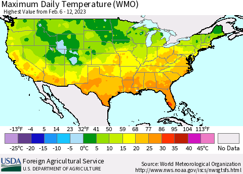United States Maximum Daily Temperature (WMO) Thematic Map For 2/6/2023 - 2/12/2023