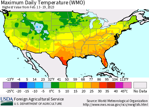 United States Maximum Daily Temperature (WMO) Thematic Map For 2/13/2023 - 2/19/2023