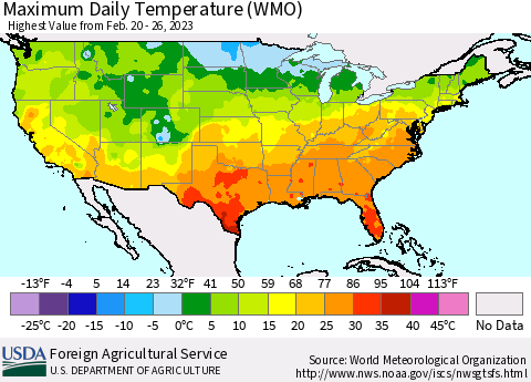 United States Maximum Daily Temperature (WMO) Thematic Map For 2/20/2023 - 2/26/2023