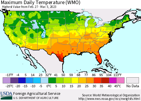United States Maximum Daily Temperature (WMO) Thematic Map For 2/27/2023 - 3/5/2023