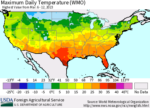 United States Maximum Daily Temperature (WMO) Thematic Map For 3/6/2023 - 3/12/2023