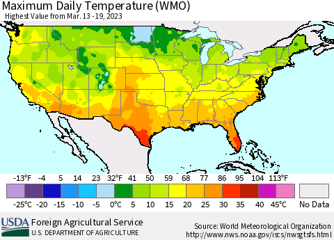 United States Maximum Daily Temperature (WMO) Thematic Map For 3/13/2023 - 3/19/2023