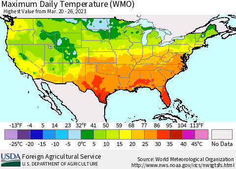 United States Maximum Daily Temperature (WMO) Thematic Map For 3/20/2023 - 3/26/2023