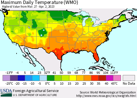 United States Maximum Daily Temperature (WMO) Thematic Map For 3/27/2023 - 4/2/2023