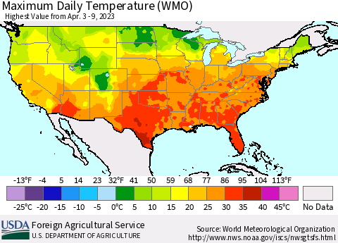United States Maximum Daily Temperature (WMO) Thematic Map For 4/3/2023 - 4/9/2023